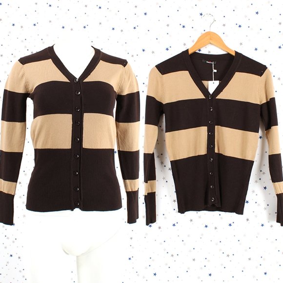 Sweaters - Striped V-neck Button Up Cardigan Brown Tan